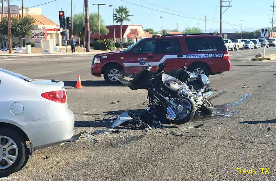 Motorcycle accident scene in Travis County, Texas near Hornsby Bend